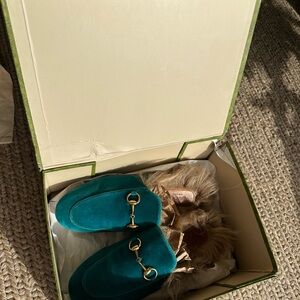 Gucci Teal Velvet Mules with Gold Accents